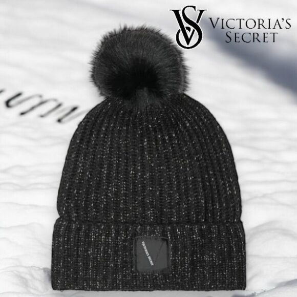 VICTORIA’S SECRET Women’s Ribbed Knit Metallic Pom Beanie Hat - Picture 1 of 6